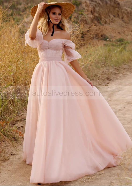 Off Shoulder Blush Tulle Pleated Wedding Dress